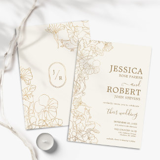 Invitation Mariage floral en or d'ivoire