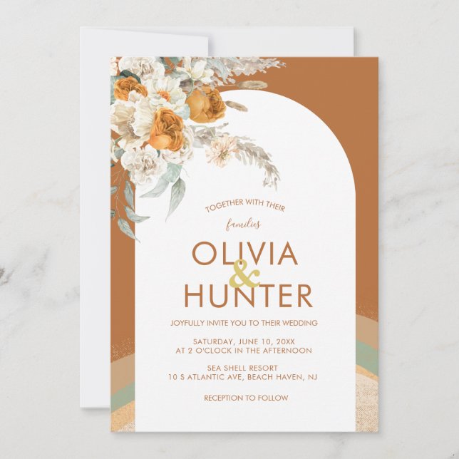 Invitation Mariage floral en terre cuite moderne de Bohême (Devant)
