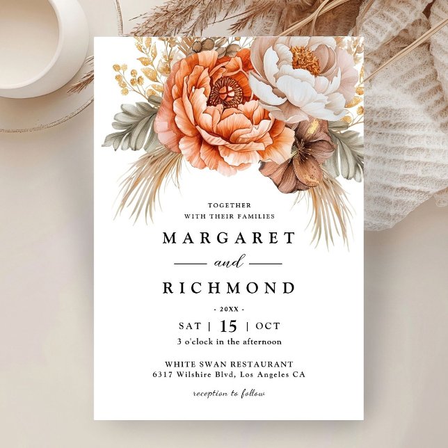 Invitation Mariage Floral en terre cuite rouillée Peony (Créateur téléchargé)
