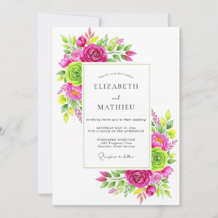 Invitation Mariage Floral Énergique Vert Citron Magenta