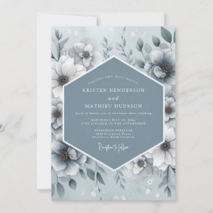 Invitation Mariage Floral Éthéré Bleu Acier