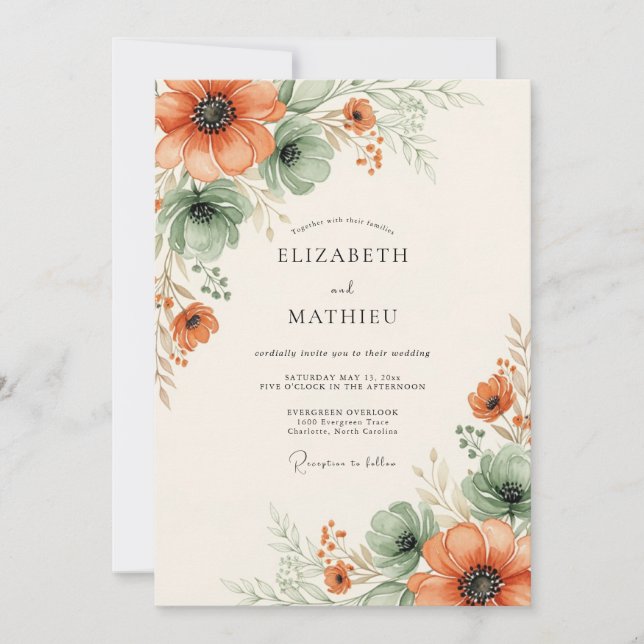 Invitation Mariage Floral Éthéré Orange (Devant)