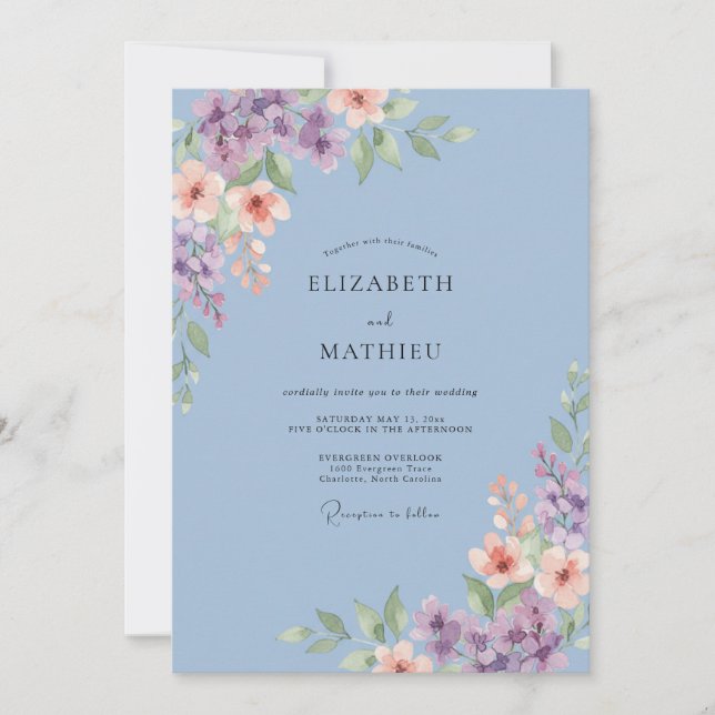 Invitation Mariage Floral Fantaisiste Pervenche (Devant)