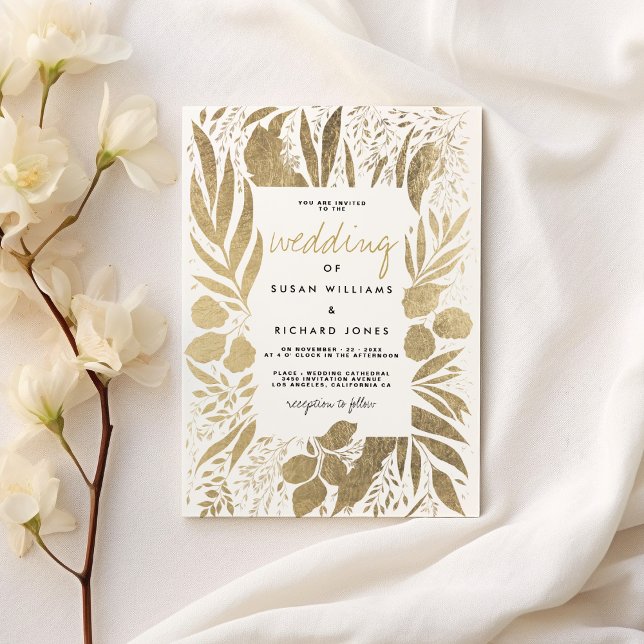 Invitation Mariage floral feuillage doré blanc sophistiqué (Sophisticated white gold foliage floral wedding)
