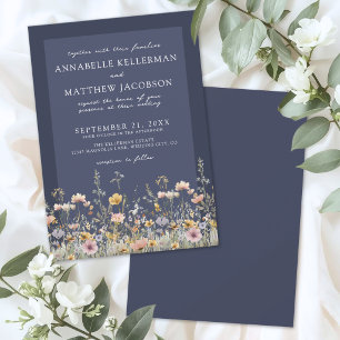 Invitation Mariage Floral Fleur Sauvage Bleu Marine
