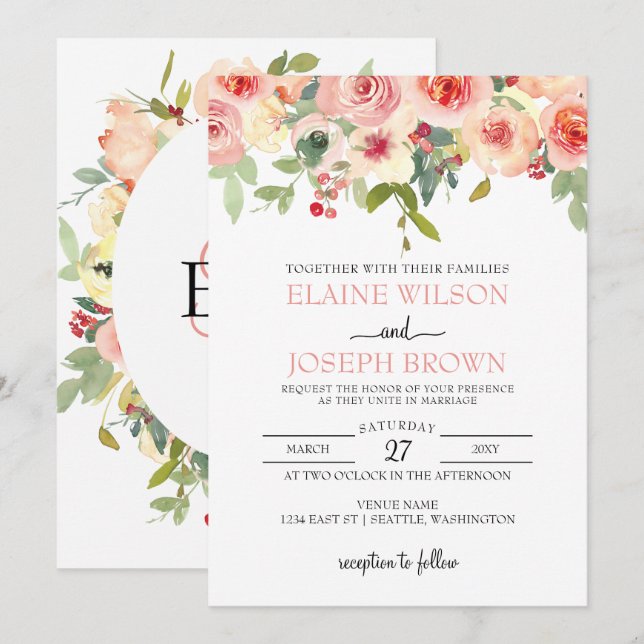 Invitation Mariage floral flush moderne (Devant / Derrière)