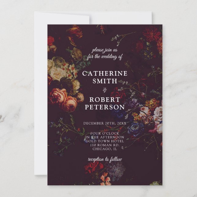 Invitation Mariage floral foncé et élégant de Bourgogne (Devant)