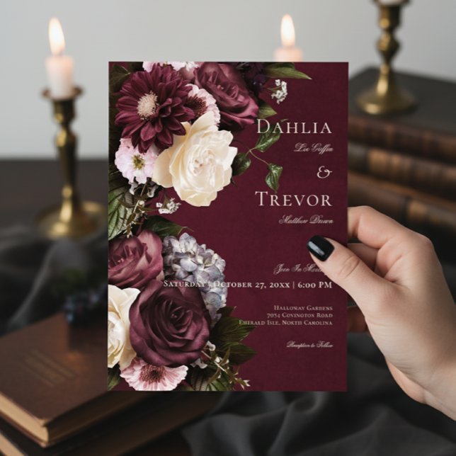 Invitation Mariage floral foncé et épais bordeaux et crème (Créateur téléchargé)