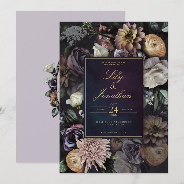 Invitation Mariage floral foncé Moody Night violet Lavande (Devant / Derrière)