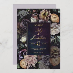 Invitation Mariage floral foncé Moody Night violet Lavande