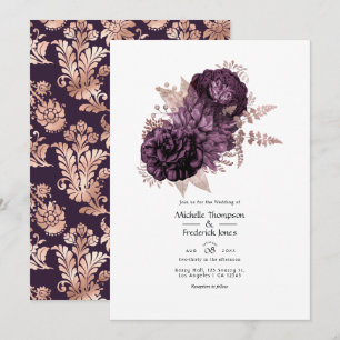 Invitation Mariage floral foncé violet et Rose or