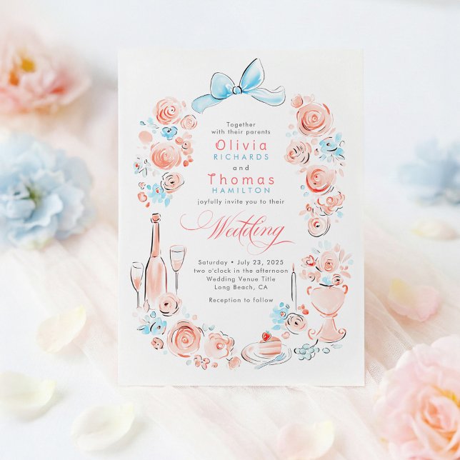 Invitation Mariage Floral Français Fantaisiste Dessiné à la M (Dusty Blue and Pink Floral Whimsical Wedding Invitation)