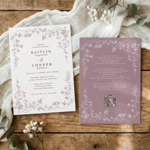 Invitation Mariage Floral Français Rose Poudrée Vintage