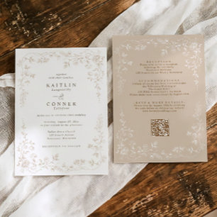 Invitation Mariage Floral Français Tout en Un Beige Vintage