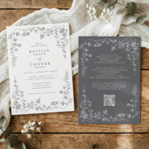 Invitation Mariage Floral Français Tout en Un Gris Vintage