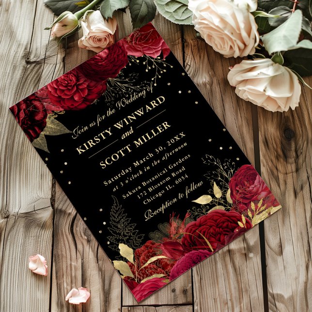 Invitation Mariage Floral frontalier Rose rouge et or (Créateur téléchargé)