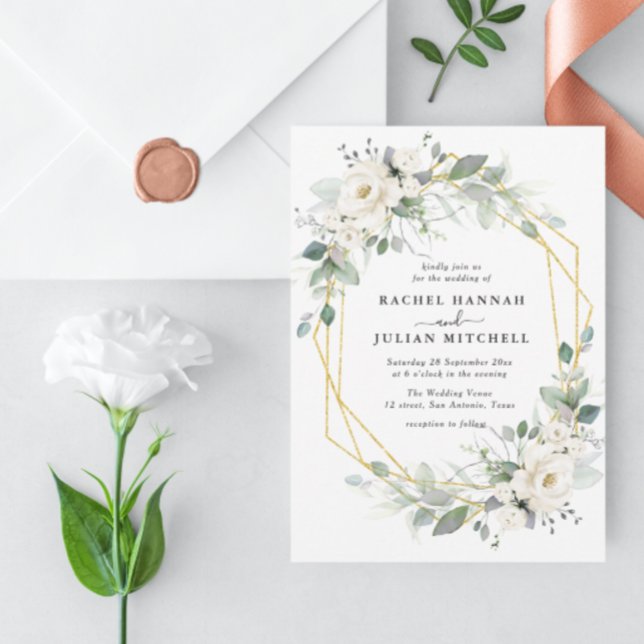 Invitation Mariage floral géométrique blanc et or (Créateur téléchargé)