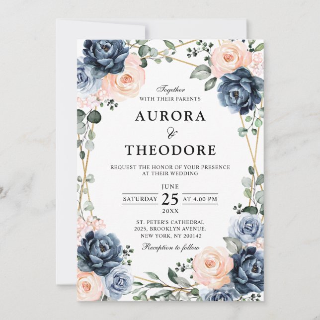 Invitation Mariage floral géométrique bleu foncé (Devant)