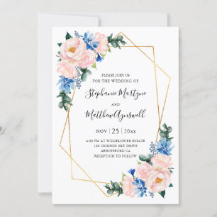 Invitation Mariage floral géométrique bleu foncé rose