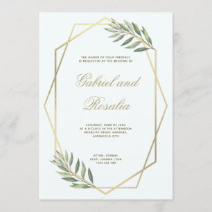 Invitation Mariage floral géométrique bordée blanc et or