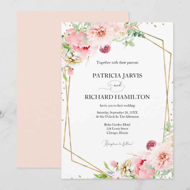 Invitation Mariage Floral Géométrique Élégant Moderne Rose (Devant / Derrière)