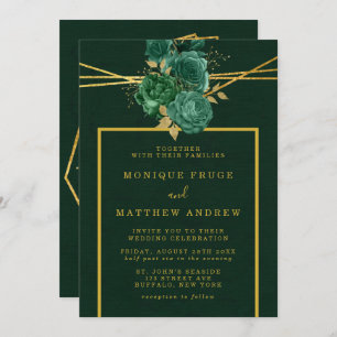 Invitation Mariage floral géométrique Emerald Green et Gold