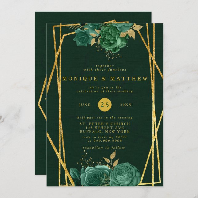 Invitation Mariage floral géométrique Emerald Green et Gold (Devant / Derrière)