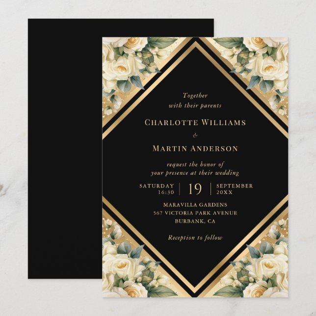 Invitation Mariage floral géométrique en or noir ivoire (Devant / Derrière)