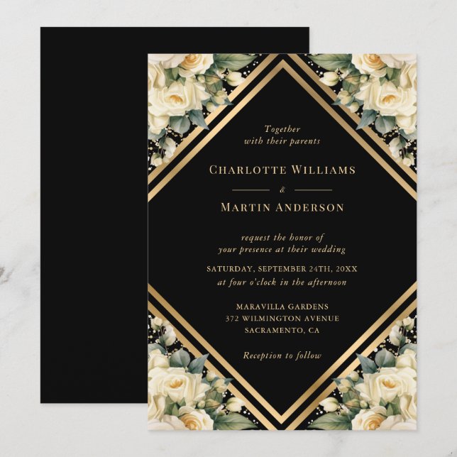 Invitation Mariage floral géométrique en or noir ivoire (Devant / Derrière)