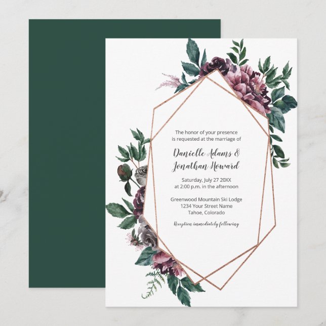 Invitation Mariage floral géométrique gris bordeaux (Devant / Derrière)
