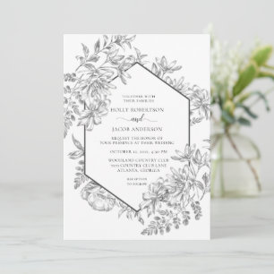 Invitation Mariage floral géométrique noir et blanc 