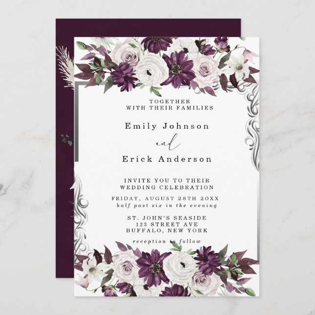 Invitation Mariage floral géométrique Plum et Argent (Devant / Derrière)