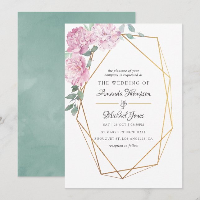 Invitation Mariage floral géométrique rose et menthe (Devant / Derrière)