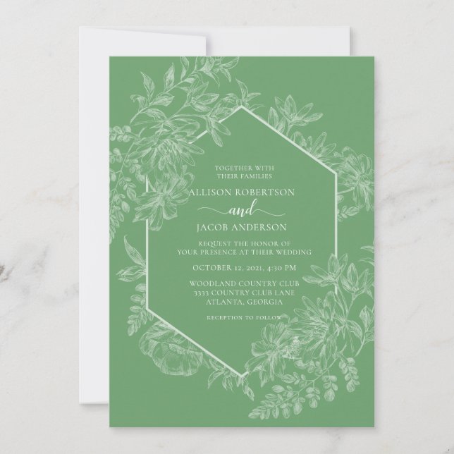 Invitation Mariage floral géométrique vert et blanc frais (Devant)