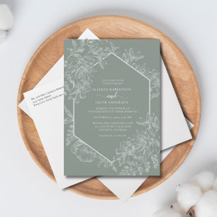 Invitation Mariage Floral Géométrique Vert Sage Tout en un