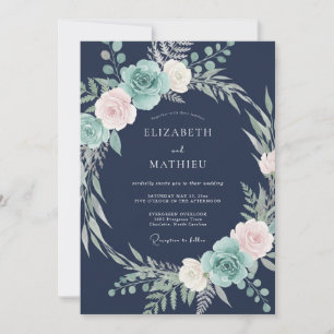 Invitation Mariage Floral Glacial Bleu de Nuit