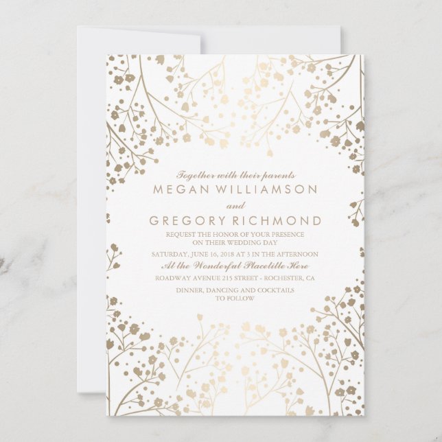 Invitation Mariage floral Gold et White Baby's Breath (Devant)
