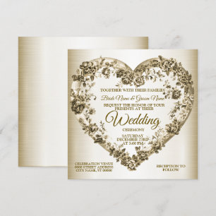 Invitation Mariage Floral Golden Ornate Heart Frame Élégant