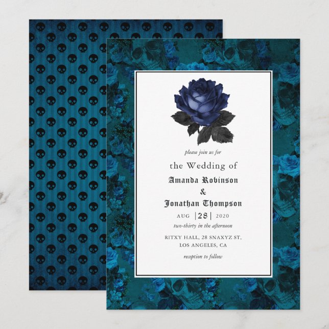 Invitation Mariage floral gothique noir et bleu (Devant / Derrière)