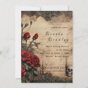 Invitation Mariage Floral Gothique Parchemin et Rouge Foncé