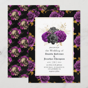 Invitation Mariage Floral Gothique Violet, Noir et Or