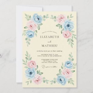 Invitation Mariage Floral Gracieux Bleu Ciel