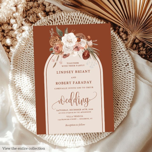 Invitation Mariage Floral Grass Orange Brûlé Moderne (Modern Burnt Orange Pampas Grass Floral Wedding Invitation)