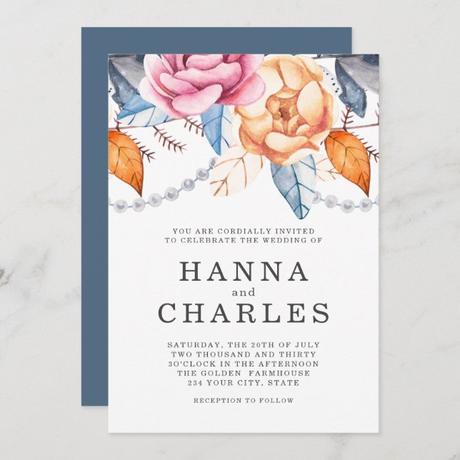 Invitation Mariage floral gris bleu foncé orange (Devant / Derrière)