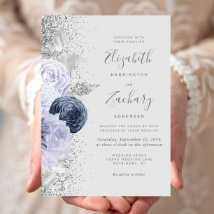 Invitation Mariage Floral Gris Bleu Nuit Lilas Argent