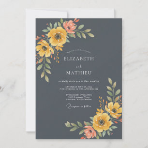 Invitation Mariage Floral Gris Charbon Atmosphérique