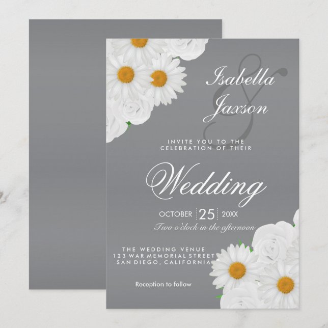Invitation Mariage floral gris et blanc (Devant / Derrière)