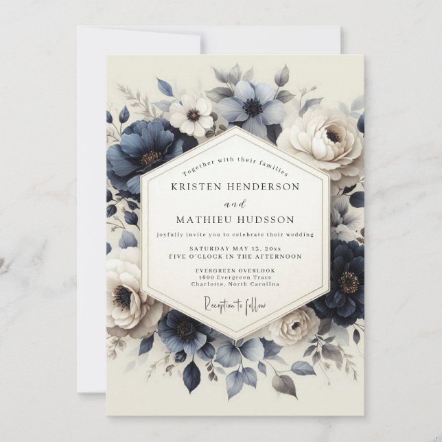 Invitation Mariage Floral Héritage Bleu Ardoise (Devant)