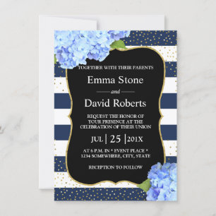 Invitation Mariage floral hydrangea bleu rayé marine