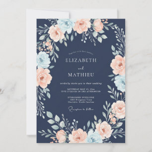 Invitation Mariage Floral Impressionniste Bleu Marine